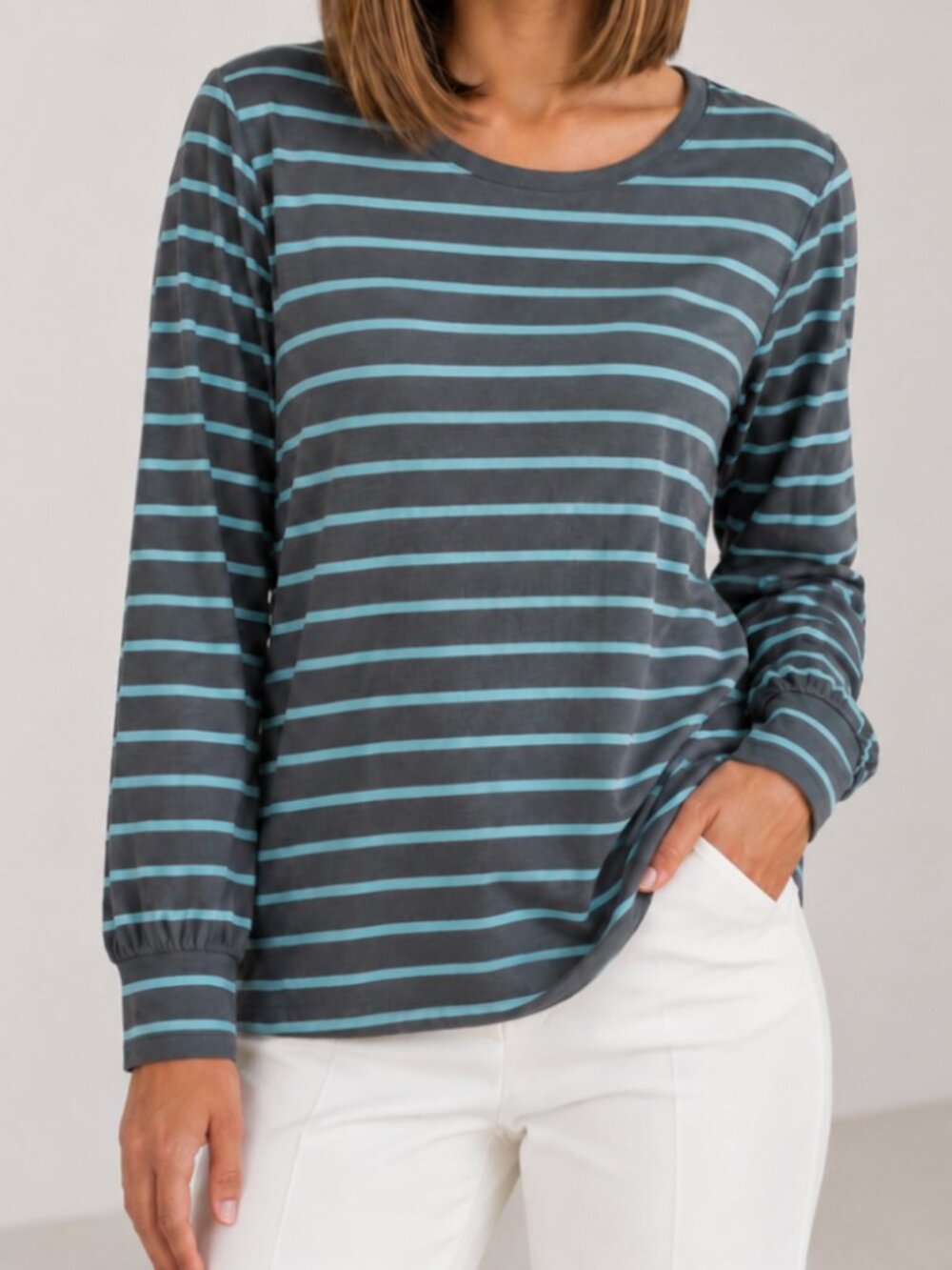 a.n.a Round Neck Long Sleeve Striped Gray Knit Blouse Puff Sleeves Large